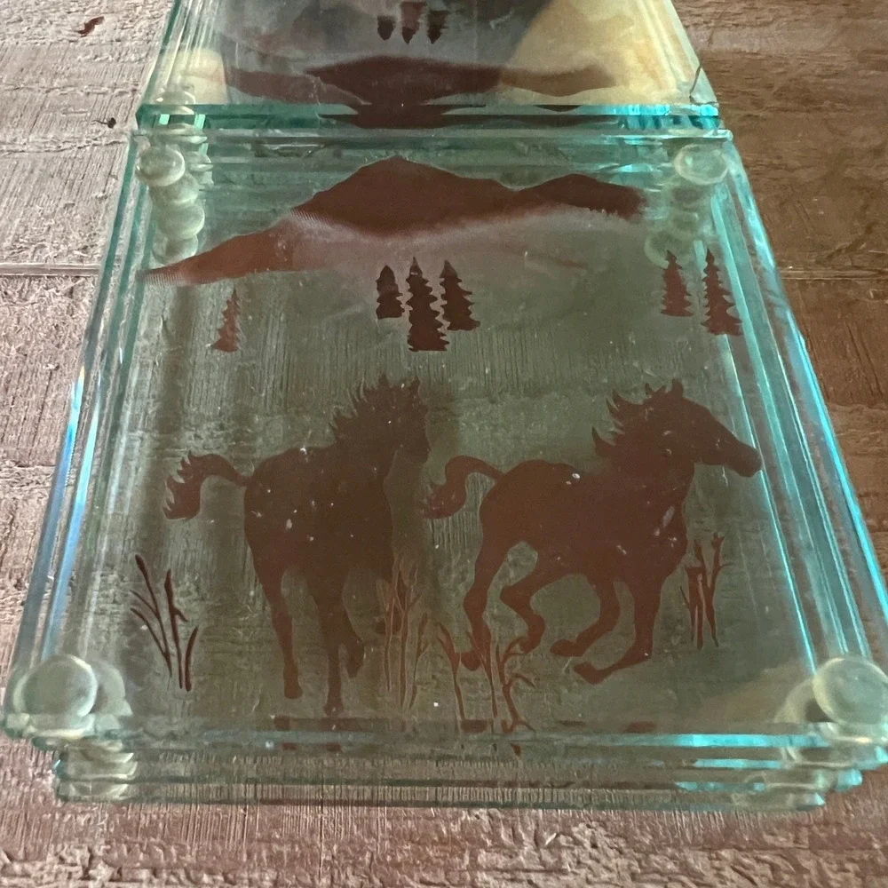 Vintage Western Horse Glass Coasters Set of 4 Rustic‎ Mountain Cabin Decor 4x4
